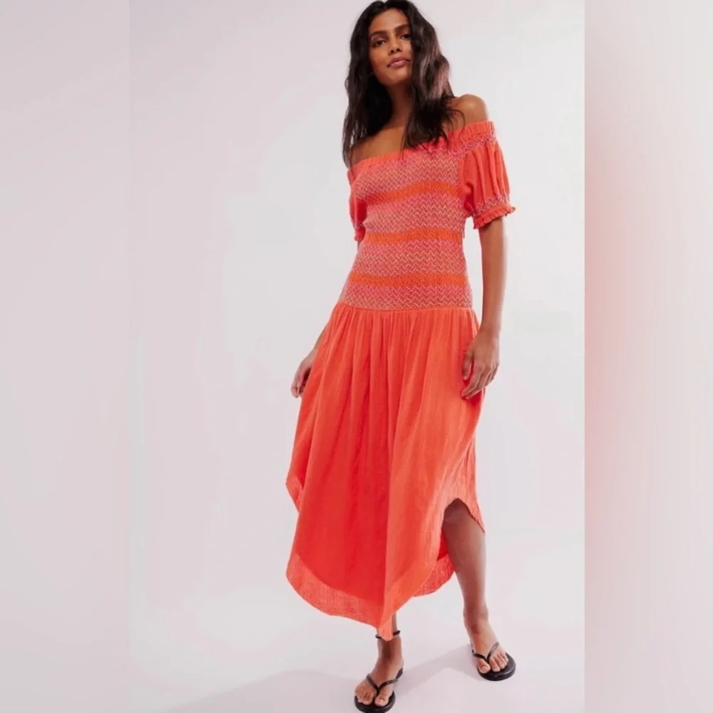 Free People Catch Me Midi Dress Size Small Off Shoulder Fitted Drop Waist Midi - Picture 3 of 7